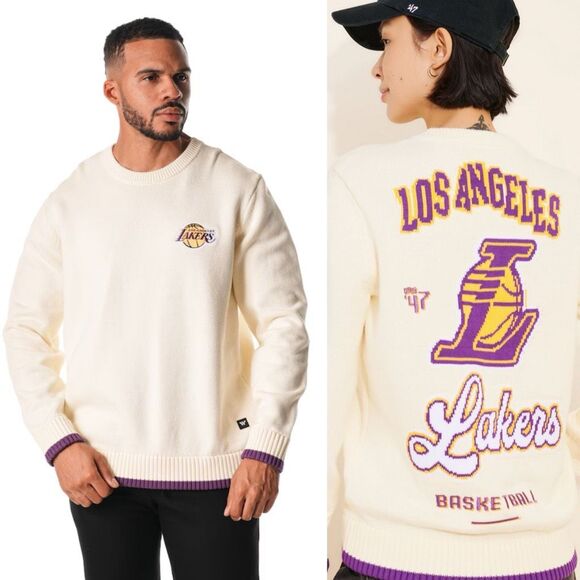 The Wild Collective * Los Angeles Lakers Jacquard Knit Pullover Sweater Cream Pu